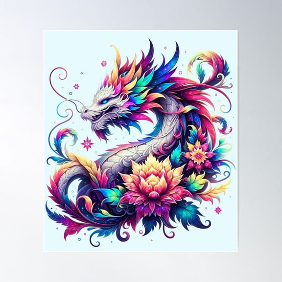 Mythical Chinese Dragon With Rainbow Coloring And Floral Design Poster Wall Art, Modern Wall Decor For Living Room Bedroom, 8x12 UNFRAMED