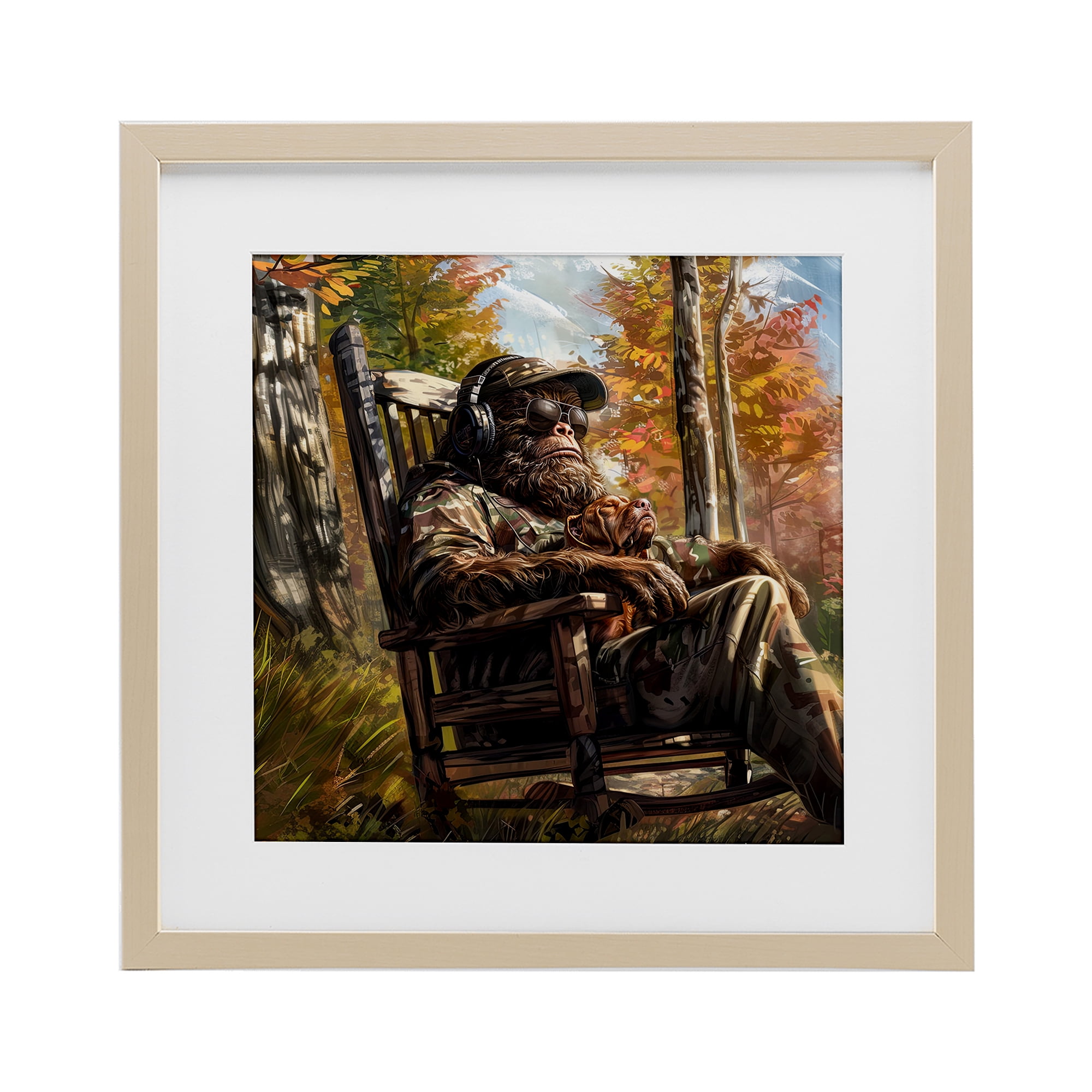 Mythical Creature with Headphones Birch Framed Print Under Glass, design by Jim Baldwin