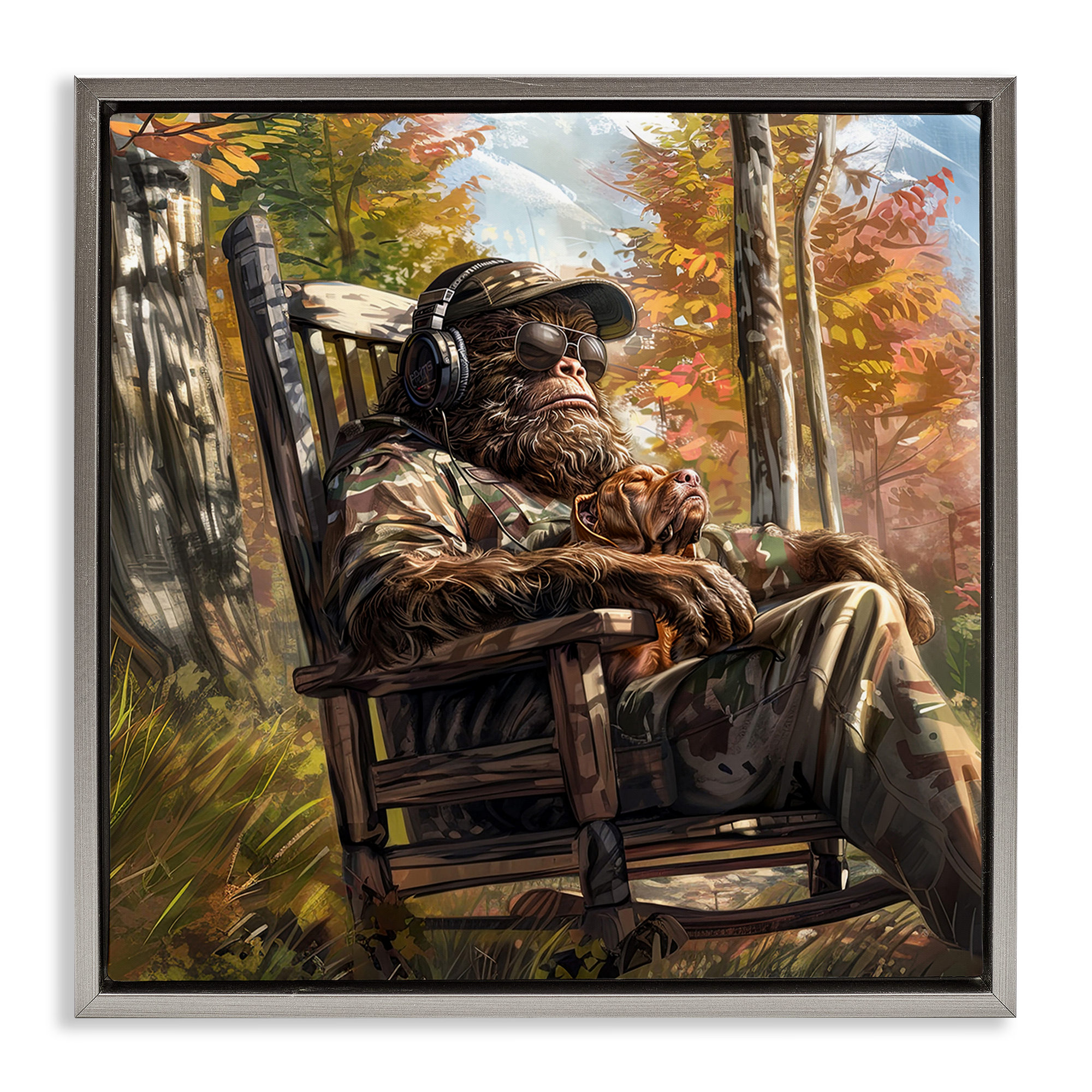 Mythical Creature with Headphones Gray Framed Floater Canvas Wall Art, design by Jim Baldwin