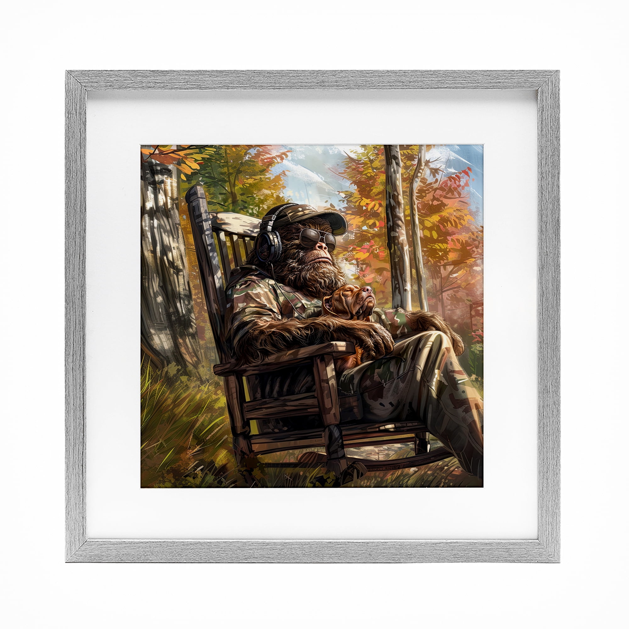 Mythical Creature with Headphones Gray Framed Print Under Glass, design by Jim Baldwin