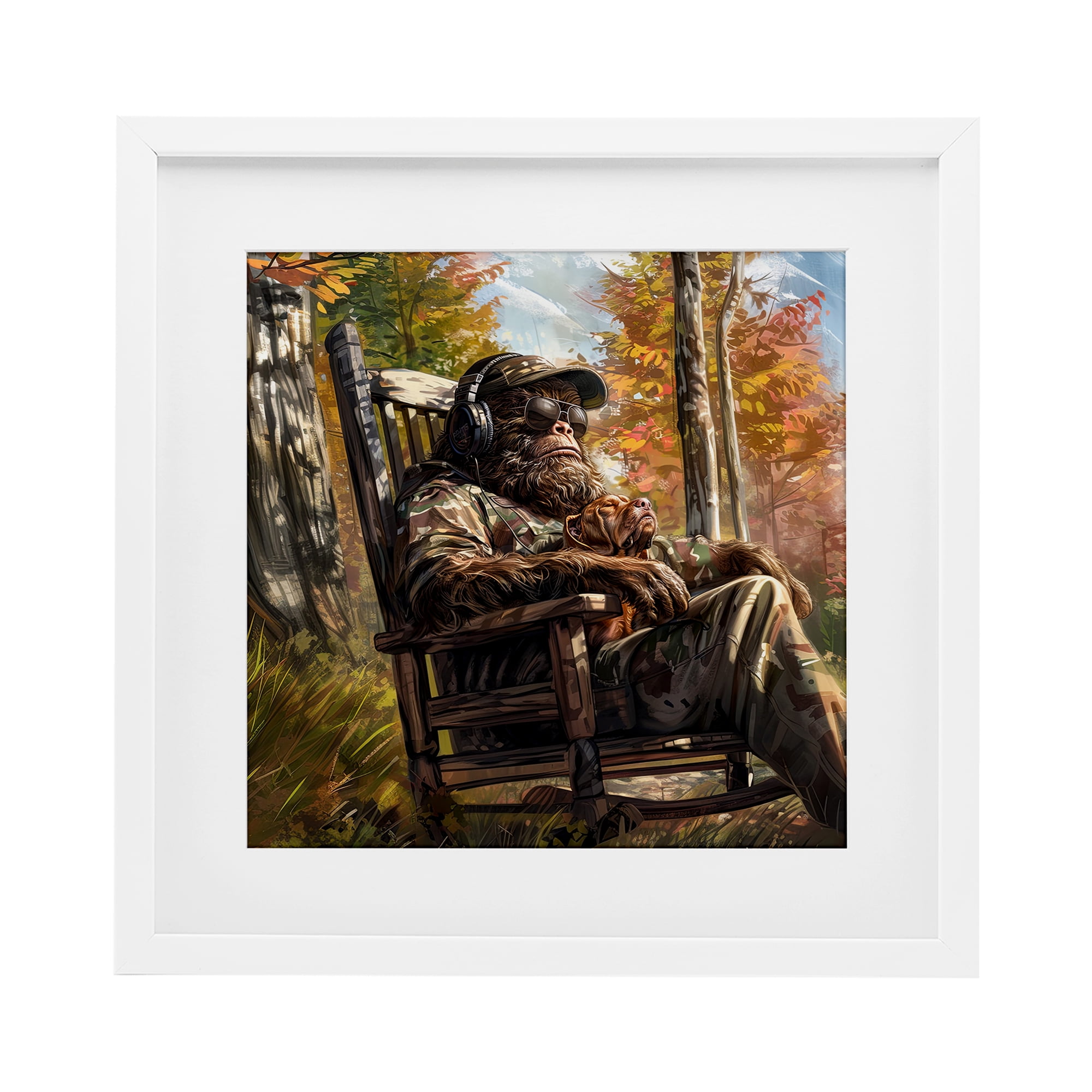 Mythical Creature with Headphones White Framed Print Under Glass, design by Jim Baldwin