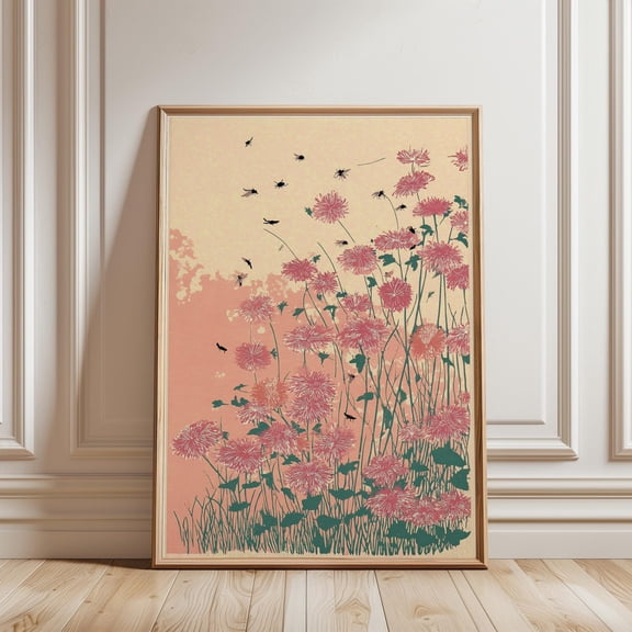 Mythical Deer Art Print Blue Hydrangea Wall Decor Japanese Woodblock Style Botanical Anima