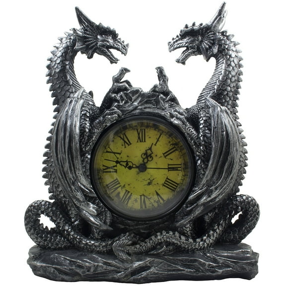Mythical Dragon Duo Antique Look Desk Clock with Roman Numerals for Medieval Dcor by Home 'n Gifts
