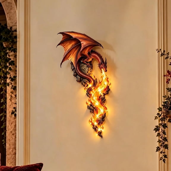 Mythical Dragon Flame Wall Sculpture, Dragon Wall Decor, 11.8 x7.5 Inches LED Dragon Wall Light, Gothic Fantasy Wall Ornament, Fiery Dragon Lamp for Bedroom Game Room Decoration