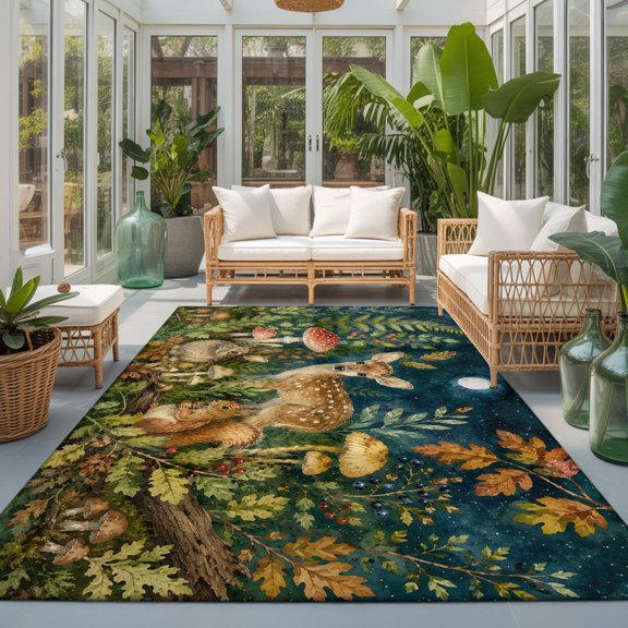 Mythical Forest 6'x9' Rugs for Dining Room Table Chair Setup, Spotted Fawn Rabbit Red Squirrel Mushrooms Oakleaves Soft Sturdy Washable Non Slip Rectangle Area Rug for Living Room