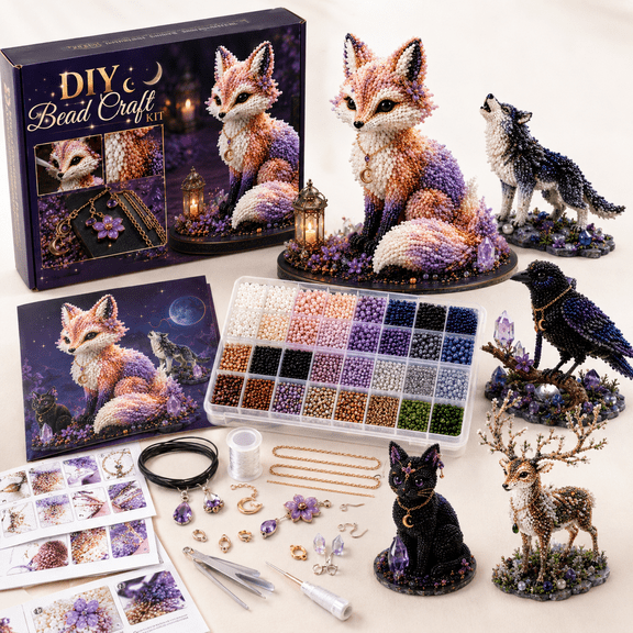 Mythical Forest DIY Bead Kit Collection Black Cat, Tiny 3D Beaded Animal DIY Kit, Beginner Bead Animal Making Kit with Colorful Beads for Desk Decor