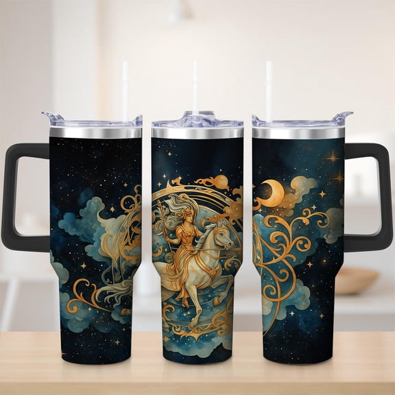 Mythical Goddess Riding Horse Stainless Steel Insulated Mug with Lid and Handle, 40oz