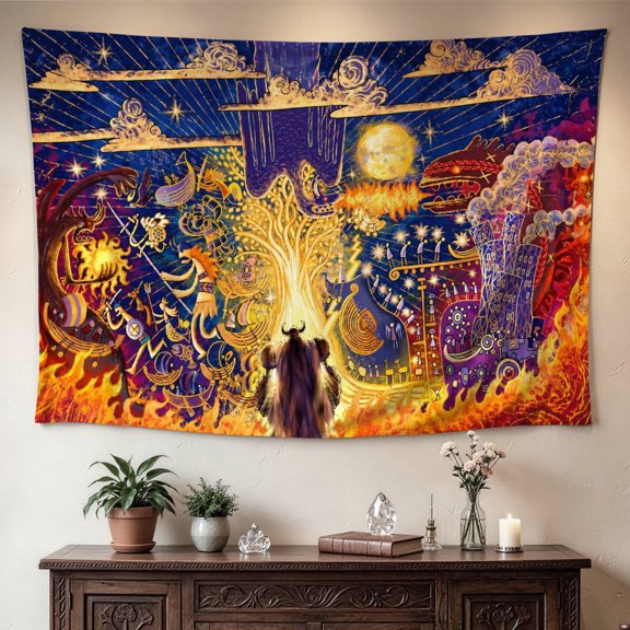 Mythical Golden Tree Viking Ship Fantasy Art Wall tapestry，Large size Printed Horizontal Tapestry blanket，Polyester Fabric Wall Hanging for living room，bedroom，Gift for Family and Friends