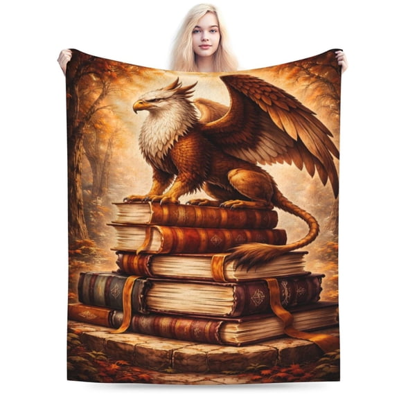 Mythical Griffin Fantasy Blanket, Medieval Book Art Throw, Gothic Library Fleece Blanket for Fall Halloween Home Decor 60x50