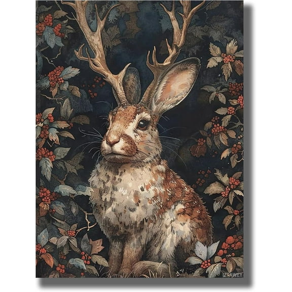 Mythical Jackalope Canvas Art Print, Dark Academia Animal Wall Art, Magical Woodland Jackrabbit Painting, Forestcore Decor, Whimsigoth Aesthetic, Bedroom Living Room Gallery Decor 12x16inch Unframed