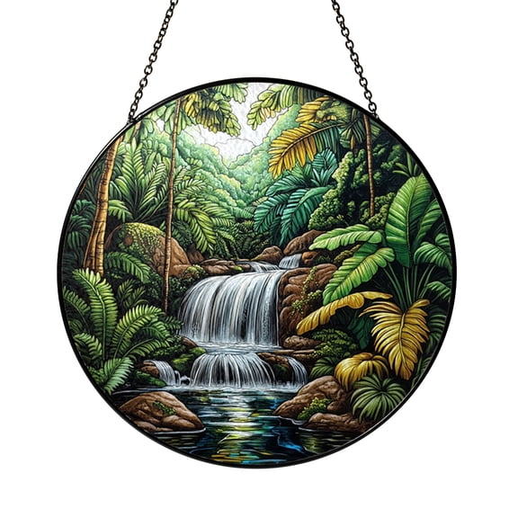 Mythical Jungle Waterfall Stained Glass Suncatcher, Tropical Window Decor, Nature Landscape Hanging Art Panel, Forest Stream Design, Decorative Home Accent, Gift for Nature Enthusiasts
