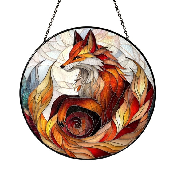 Mythical Kitsune Fox Stained Glass Suncatcher Nine Tailed Spirit Window Hanging Fantasy Home Decor Gift
