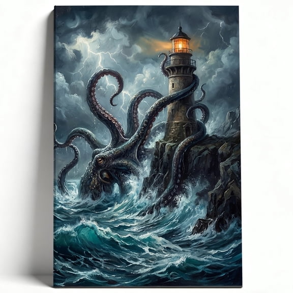 Mythical Kraken Attacking Lighthouse Canvas Wall Art Giant Octopus Painting Dramatic Ocean Storm Poster Living Room Boy Bedroom Decor Print Ready to Hang 8*12