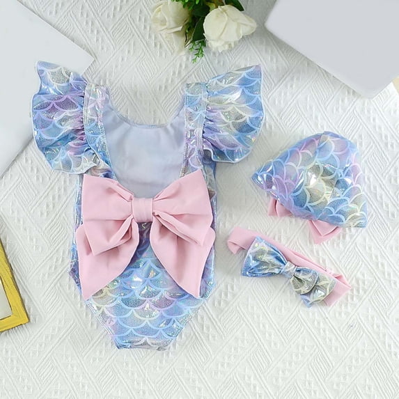 Mythical Mermaid Scale Print One Piece Swimsuit Ruffle Trim Princess Beach Bathing Suit for Toddler Girls