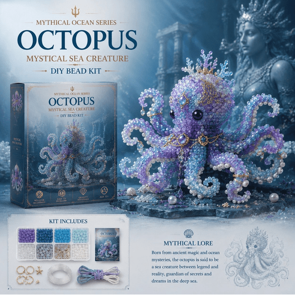 Mythical Ocean DIY Bead Kit, 3D Beaded Animal Kit, Complete Making Kit With Detailed Instructions, 4 Unique Sea Animal Designs For Adult Handcraft Enthusiasts Octopus