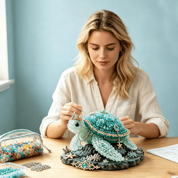 Mythical Ocean DIY Bead Kit for Beginners, 3D Beaded Animal Making Kit with Instructions, Unique Sea Animal Designs with Glass Beads and Pattern Guide, Underwater Bead Embroidery Set (Tortoise)