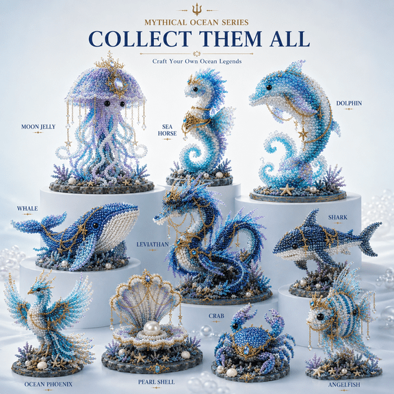 Mythical Ocean DIY Bead Kit for Beginners, 3D Beaded Sea Creature Craft Set, 10 Exclusive Ocean Animal Designs with Glass Beads, Full-Color Instructions, Underwater Bead Embroidery DIY for Adults,