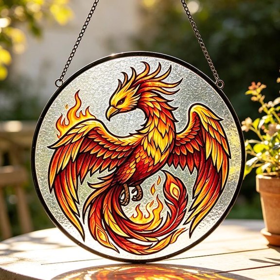 Mythical Phoenix 2D Flat Glass Suncatcher, Stained Glass Style Window Hanging for Fantasy Home Decor, Birthday and Housewarming Gift
