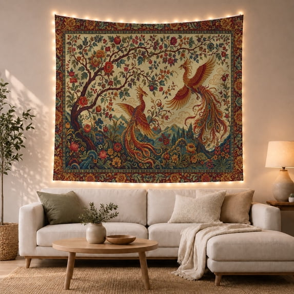 Mythical Phoenix Birds in Lush Foliage Against Misty Mountains, Majestic Folk Art for Nature Lovers, Ornate Floral Wall Decor, Housewarming Gift Tapestry Wall Hanging for Bedroom and Living Room