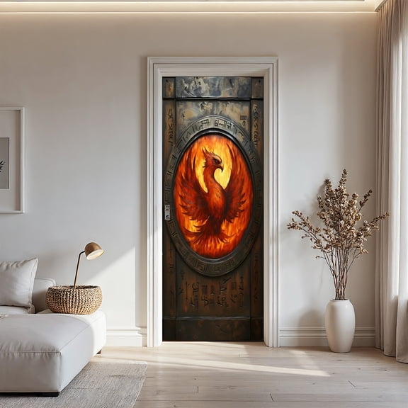 Mythical Phoenix Fire Door Sticker - Self-Adhesive PVC Vintage Rune Pattern Decal for Bedroom, Game Room & Wall Decor