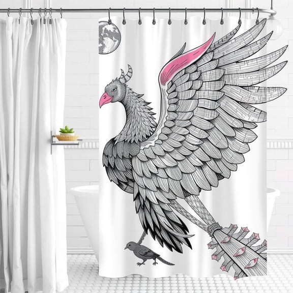 Mythical Phoenix Shower Curtain - Black & White Design with Pink Accents, Earth Backgroundfor Bathroom Decor
