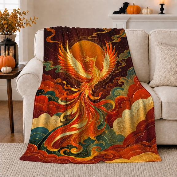 Mythical Phoenix Soaring Over Swirling Clouds Mythological Fantasy Art Christmas Gift for Mythology Enthusiasts Cozy Flannel Blanket for Living Room Bedroom Home Decor Vibrant Fantasy Art Print