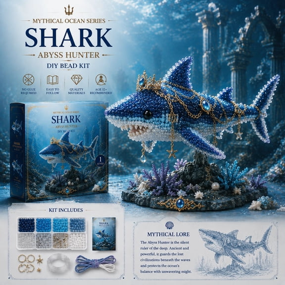 Mythical Shark 3D Beaded Animal DIY Craft Kit for Adults & Teens | Sea Animal Beading Kit with Sea Animal | Stress Relief Screen-Free Desktop Decor Project