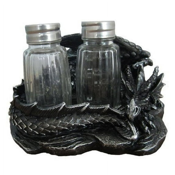 Mythical Sleeping Dragon Glass Salt and Pepper Shaker Set with Decorative Holder Display Stand Figurine for Medieval Kitchen Decor Sculptures & Gothic Dining Room Table Centerpieces As Fantasy Home Ac
