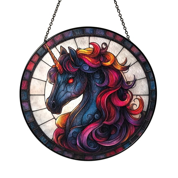 Mythical Unicorn Gothic Stained Glass Window Hanging, Decorative Glass Style Suncatcher Accent
