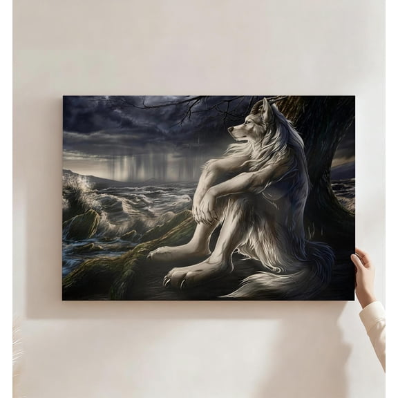 Mythical Wolf-Horned Beast Coastal Canvas Wall Art, Fantasy Stormy Seas Decor, Mystical White Wolf Artwork For Bedroom, Man Cave, Gallery, Ready To Hang 8*12inch(20*30cm)