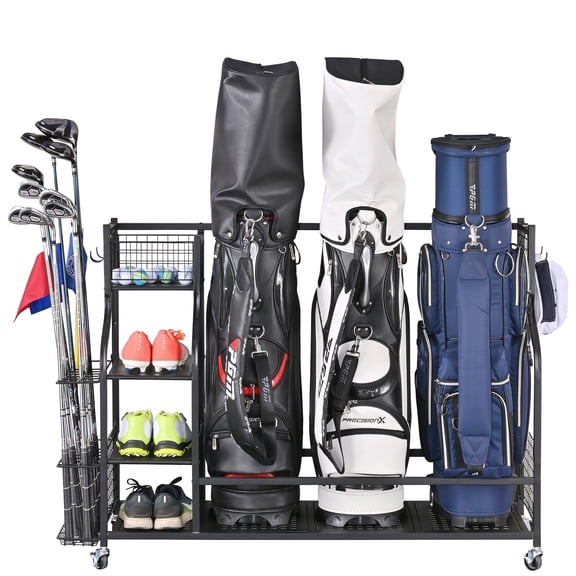 Mythinglogic  Golf Bags Storage Rack with Wheels, Holds 3 Bags, Garage Organizer