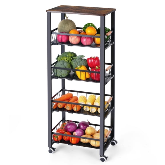 Mythinglogic 5-Tier Rolling Fruit & Vegetable Kitchen Storage Cart with Pull-Out Baskets, Wood Top and Wheels