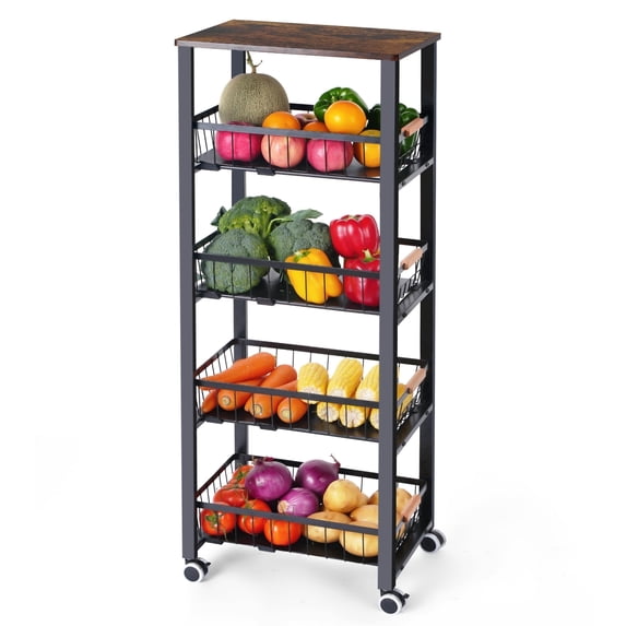 Mythinglogic 5-Tier Rolling Kitchen Storage Cart with Pull-Out Baskets, Fruit and Vegetable Storage, With wheels