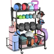 Mythinglogic Dumbbell Rack, Home Gym Storage Weight Rack for Dumbbells, Kettlebells Yoga Mat and Balls, Heavy Duty Sports Storage Rack with Wheels and Hooks, Powder Coated