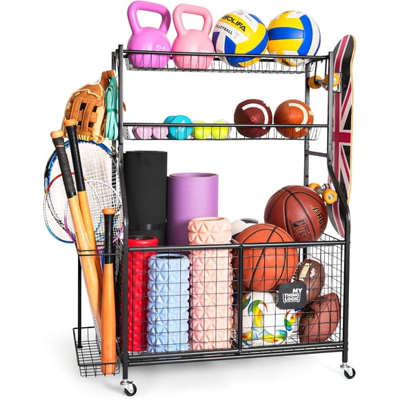 Mythinglogic Garage Sports Equipment Organizer, Basketball Ball Storage with Hooks and Baskets for Indoor Outdoor