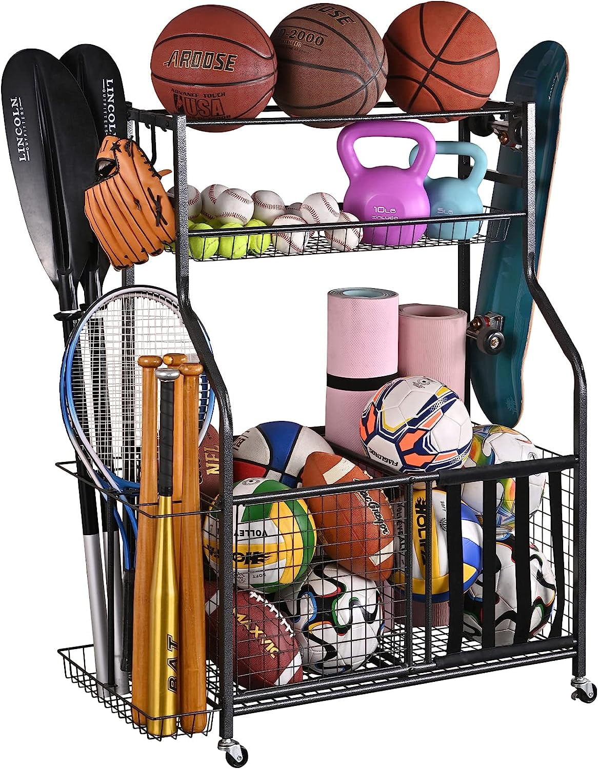 Black Powder Coated Steel 3-Tier Garage Sports Organizer