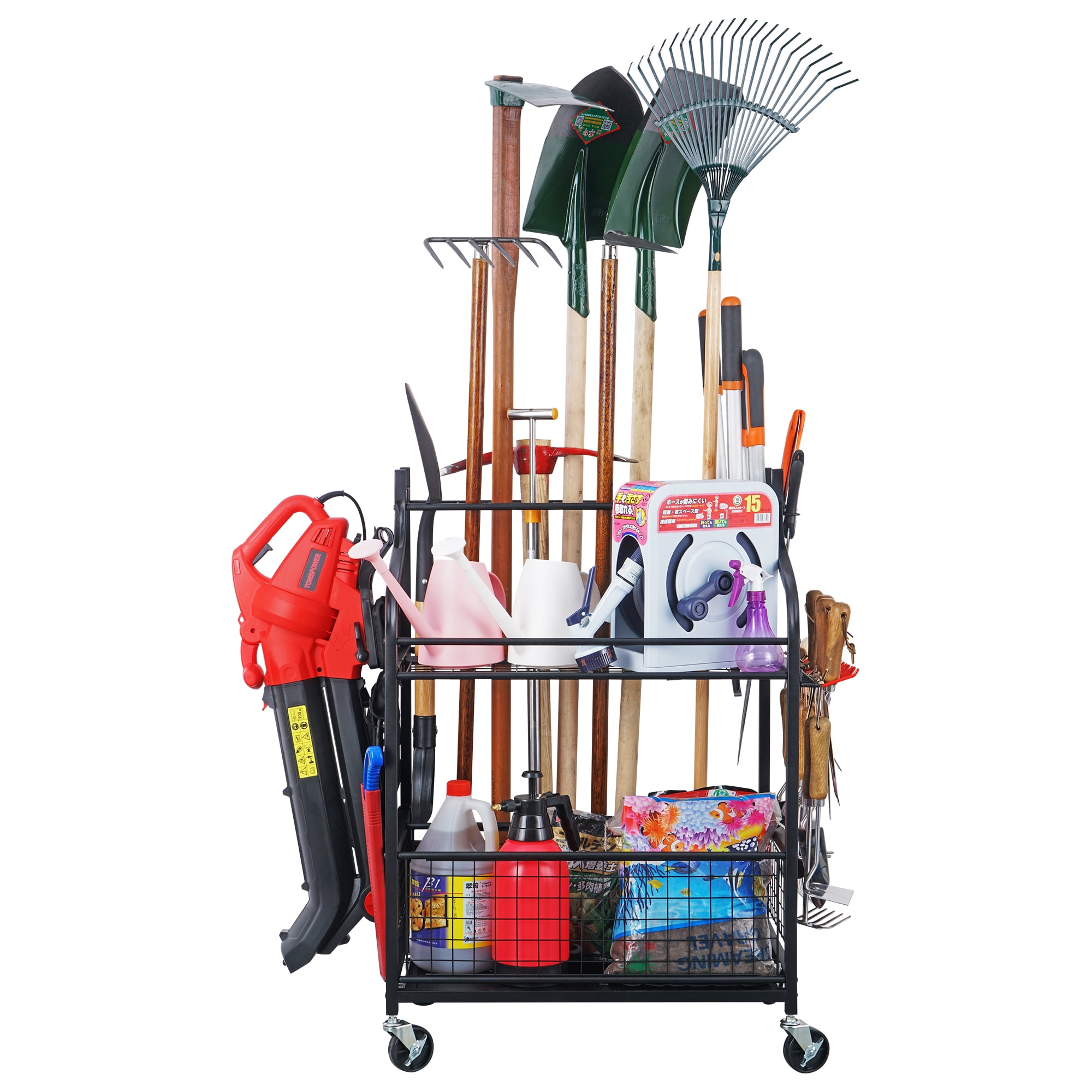 Mythinglogic Garden Tool Organizer Racks Garage Yard Tool Racks with Wheels Garage Organizers Storage Hold Garden Tools Cart Yard Tool Holder for Garage Shed Garden Tool Stand Carts