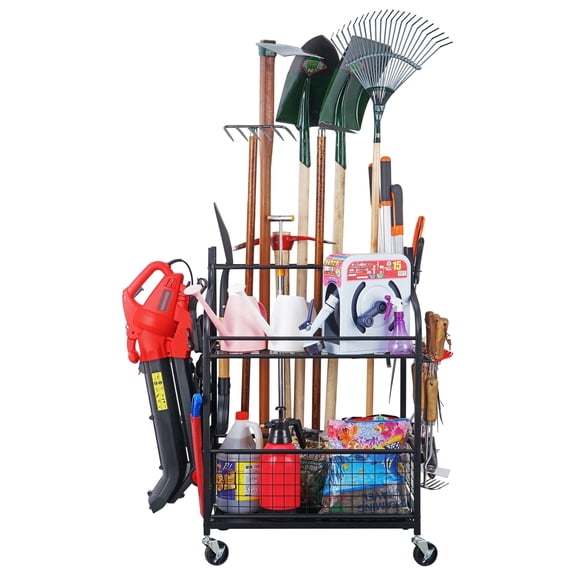 Mythinglogic Gardening Tool Organizer with Wheels, Outdoor Lawn Rack Holder, Alloy Steel, Black