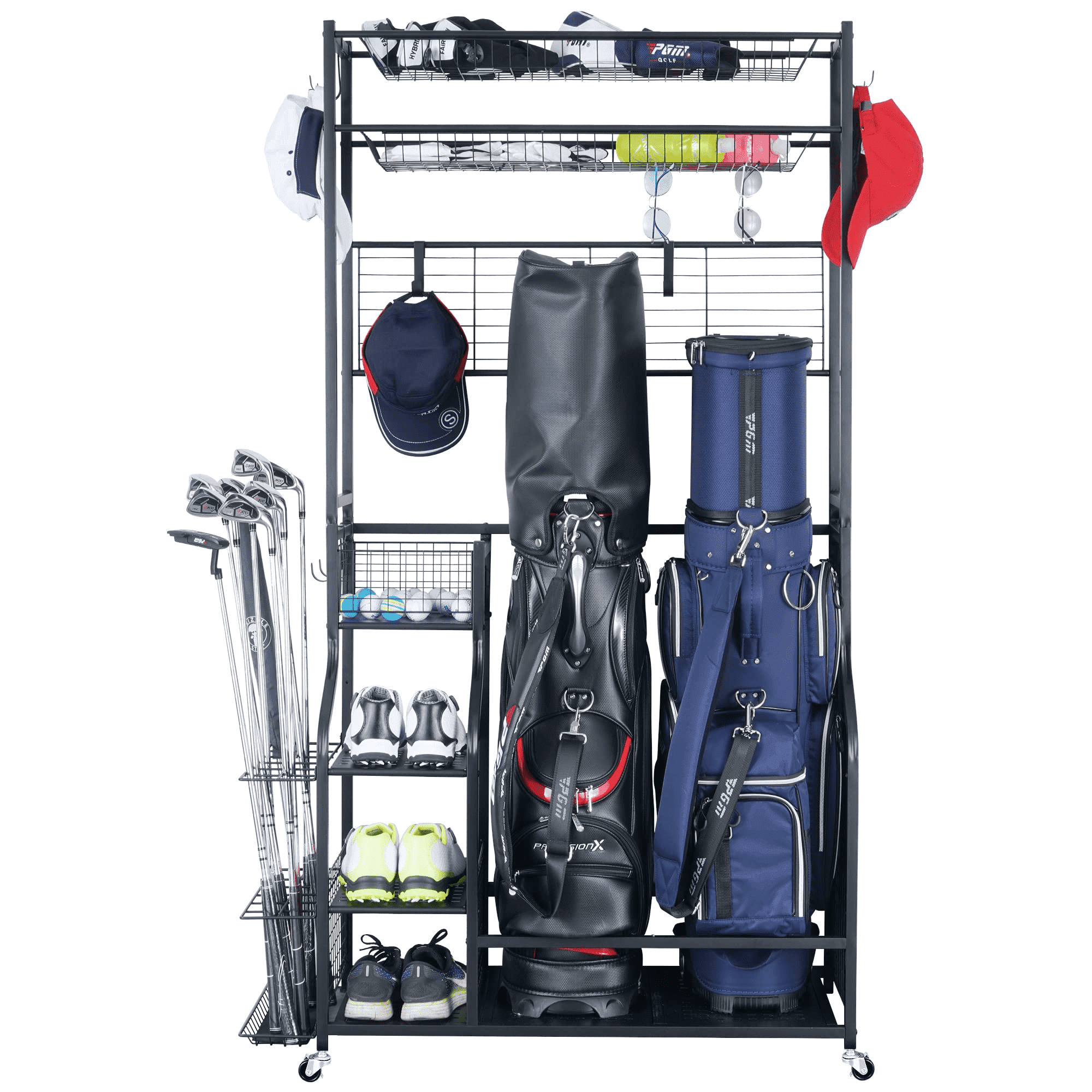 Mythinglogic Golf Bag Storage Garage Organizer,2 Golf Bags Storage Stand  and Golfing Equipment Accessories Storage Rack with 4 Removable Hooks,  Extra