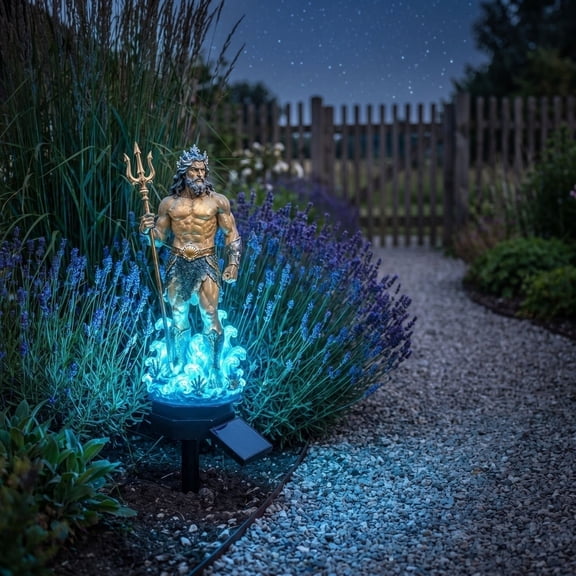 Mythological Solar Garden Landscape Spike Light, Gothic Poseidon Statue Outdoor Ground Stake Lamp for Patio Pathway and Halloween Party Decor, 1pc