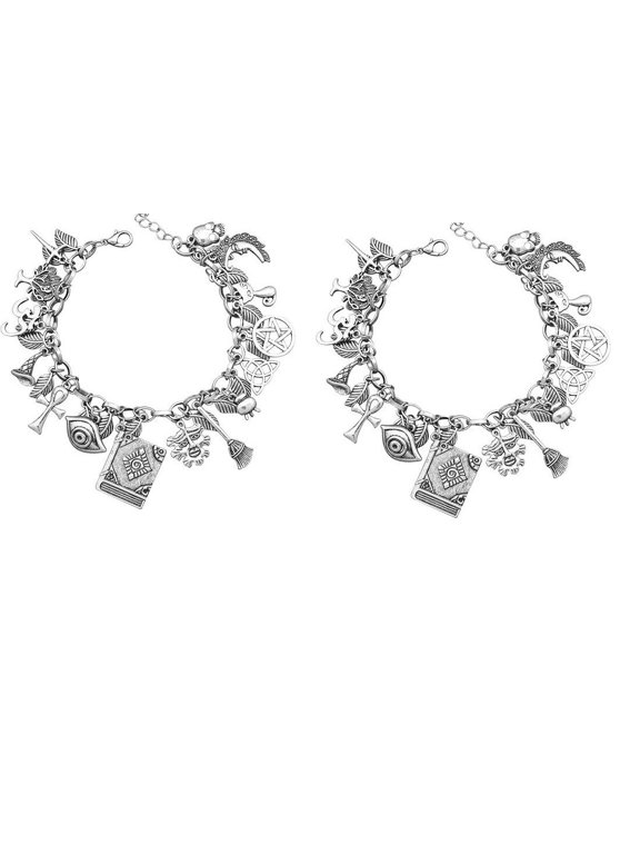 Mythology Fairytale Lucky Charms Cuff Bangle Bracelet, Vintage Silver Adjustable Open Cuff with Cross Leaf Moon Face Celtic Cat Pendants for Women