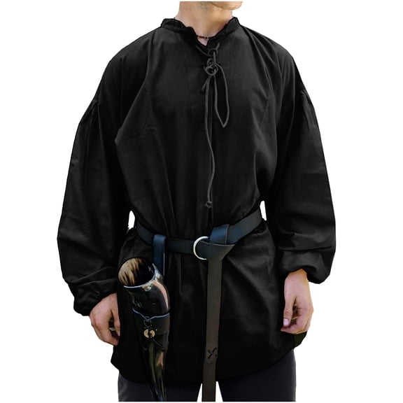 Mythrojan Black Cotton Medieval Viking Shirt Renaissance Men Tunic Costume Warrior Knight Cosplay LARP Adult Tunic Large