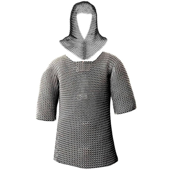 Mythrojan Medieval Chainmail Shirt with Coif Armor Renaissance Half Sleeve Mild Steel Chain Mail Haubergeon for Cosplay, LARP - Medium