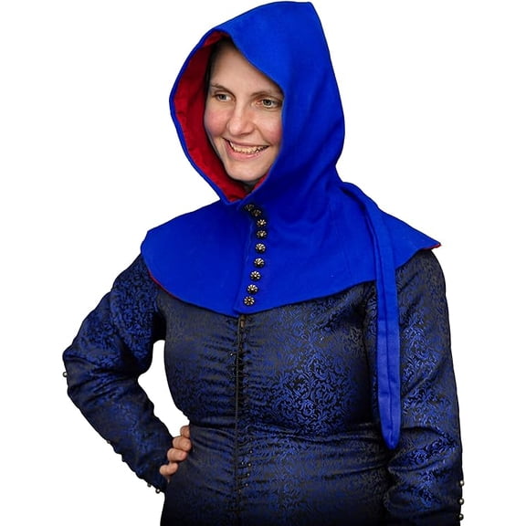 Mythrojan Late Medieval Lady Buttoned Hood for Cosplay LARP Renaissance Costume, Blue Hood for Women