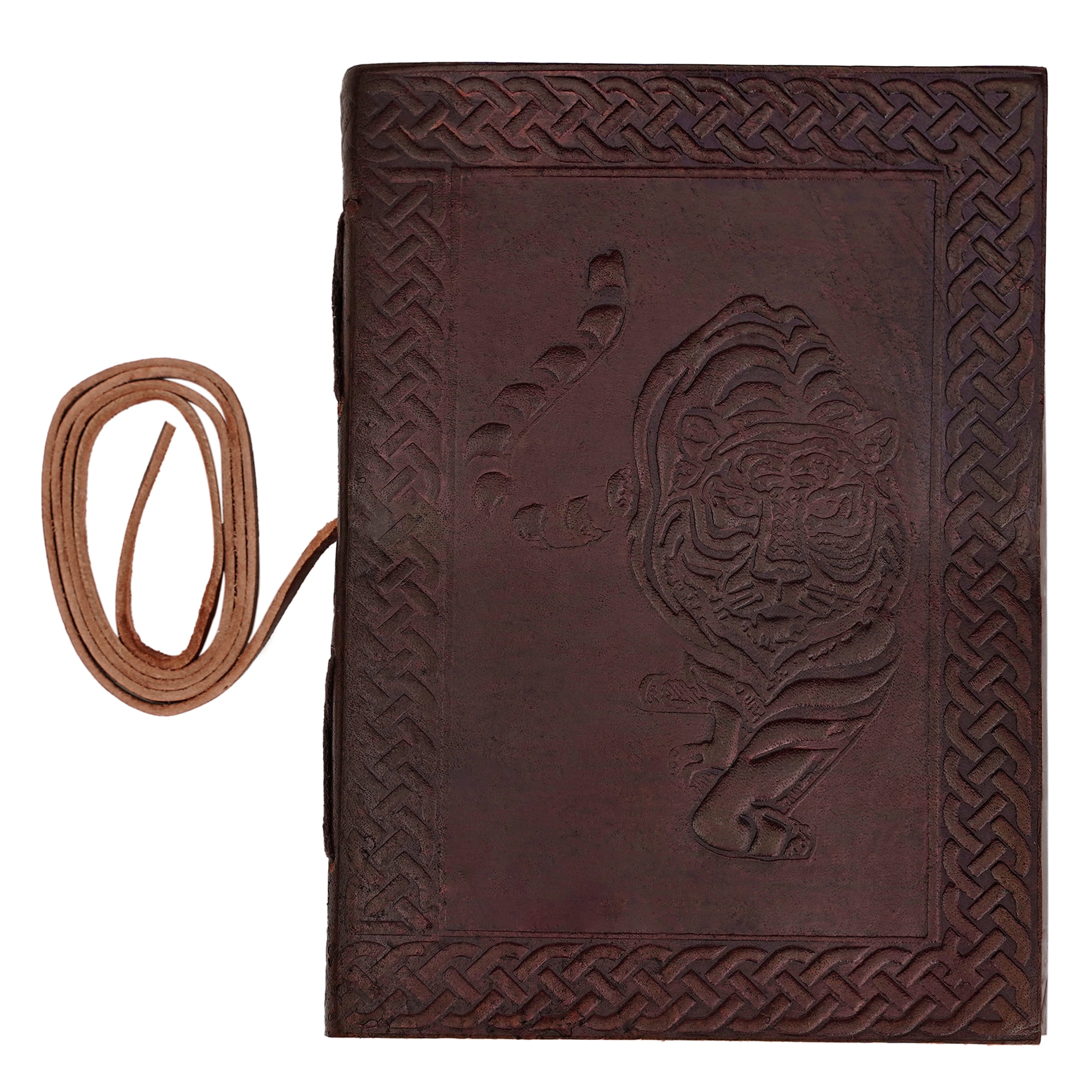 Mythrojan Leather Bound  Journal Antique Handmade Vintage Diary  Bound Journal with Tiger Embossed Cover Diary Drawing Paper Sketchbook Leather Book - Great Gift for Men and Women -7" x 5"