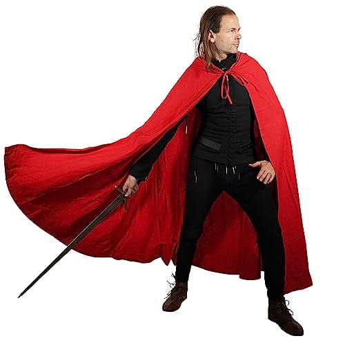 Mythrojan Medieval Canvas Cloak for Adults Renaissance Cosplay LARP, Cotton Cape Viking Knight SCA LARP Costume - Red