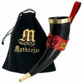 thumbnail image 1 of Mythrojan Medieval Drinking Horn 100% Natural Authentic Viking Norse Horn with Free Red Leather Holster, Canvas Bag for Wine, Beer Mead Ale, Perfect for Cosplay, LARP, Medieval Events - 350 ml, 1 of 8
