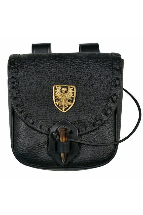 Medieval Leather Pouch Renaissance Costume Accessories Viking Belt Bag LARP Waist Bag Cosplay Coin Purse with Raven Decoration - Black
