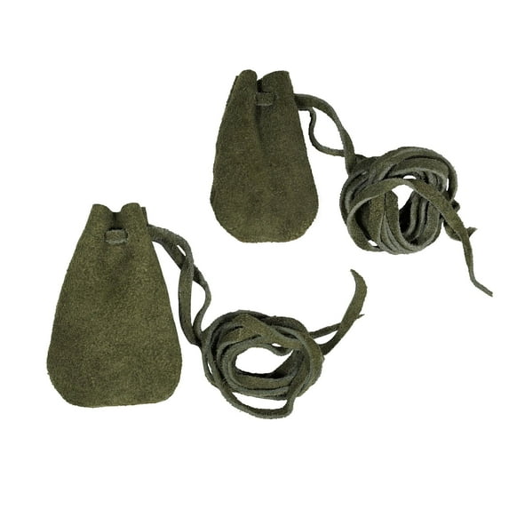 Mythrojan Drawstring Suede Leather Pouches, Native American Style Handmade Mini Pouches for Storing Dice, Coin, Medicine, Jewelry - Large 3" x 4", Small 2.5" x 3.5", Green - Pack of 2