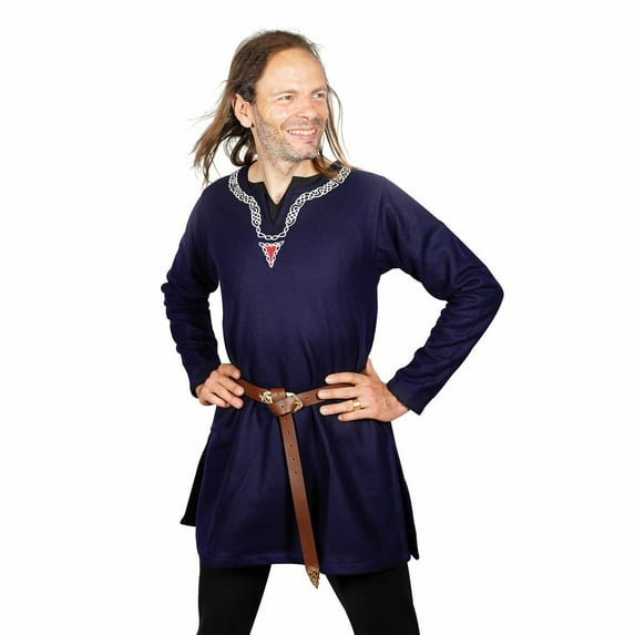 Mythrojan Navy Blue Wool Medieval Viking Shirt Renaissance Men Tunic Costume Warrior Knight Cosplay LARP Adult Tunic Small